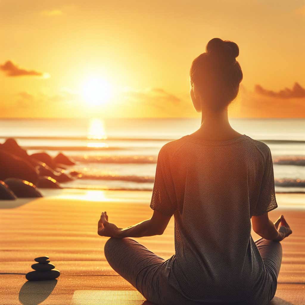 Kobieta medytująca na plaży przy zachodzie słońca.